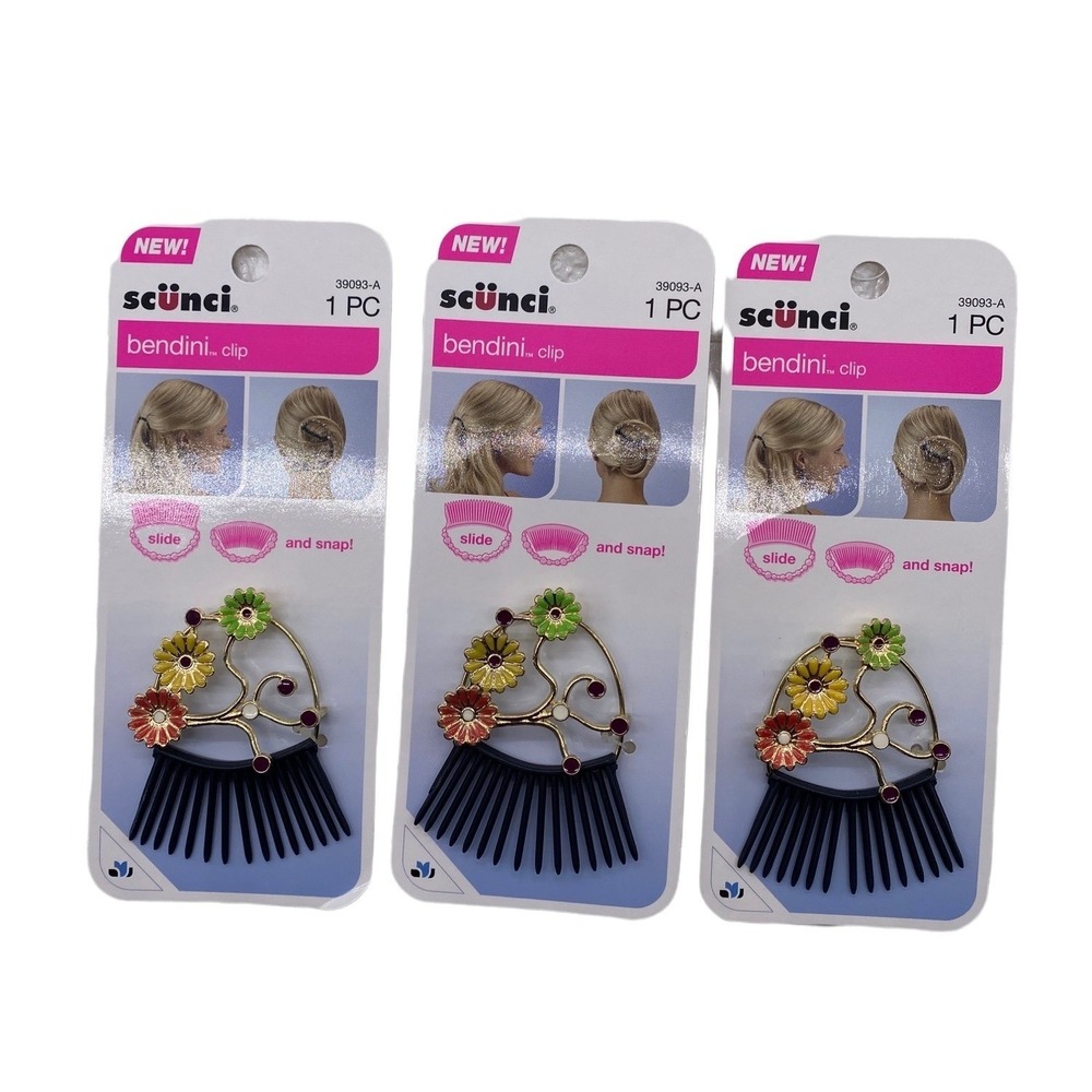 3‎ Pack Scunci Bendini Hair Clip Medium With Flowers Yellow Pink & Green 39093-A